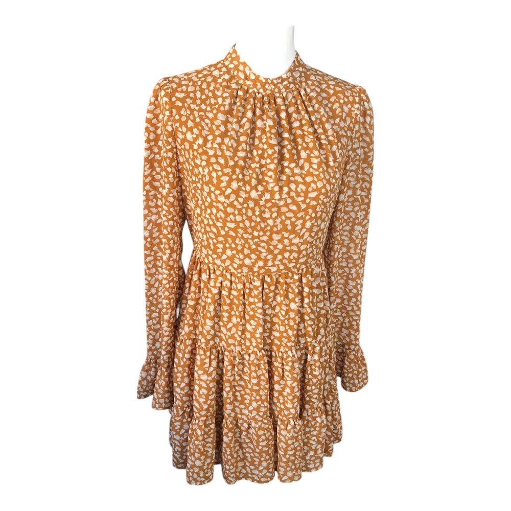 Gold Tiered Boho Ditsy Dot Tiered‎ Boho Cottagecore Prairie Mini Dress S